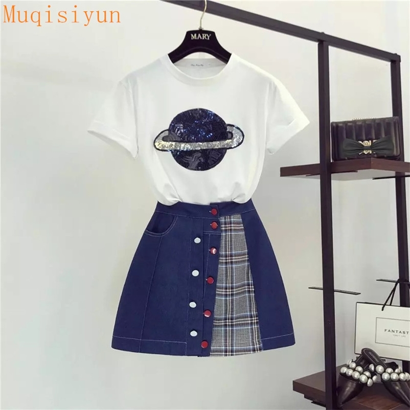 

in stock Summer Women Short Sleeves Sequin T-shirt + Denim Patchwork Plaid Skirts Twinset Girls Female Suits 210519, Gray