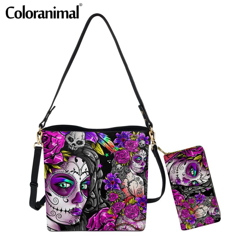 

Coloranimal Brand Design Make-up Sugar Women With Flower Printed Bucket Bag For PU 2Pcs Shoulder Purse Tote Bolsa Bags