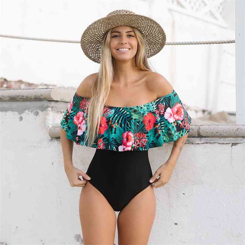 

Swimsuit Swimwear Women Print Ruffle Bodysuit Monokini Female Padded Bathing Suits Beach Wear Summer 210615, Sj170841