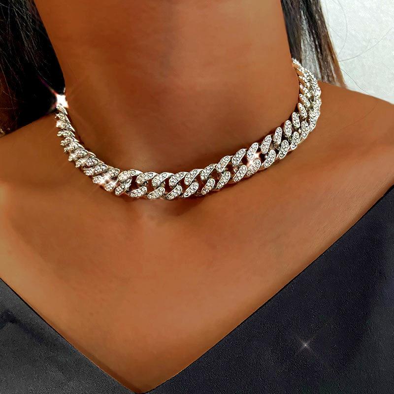 

High Gold Silver Color Iced Out Rhinestone Choker Necklace Women Bling Cuban Link Chain Crystal Necklace Hip Hop Jewlery