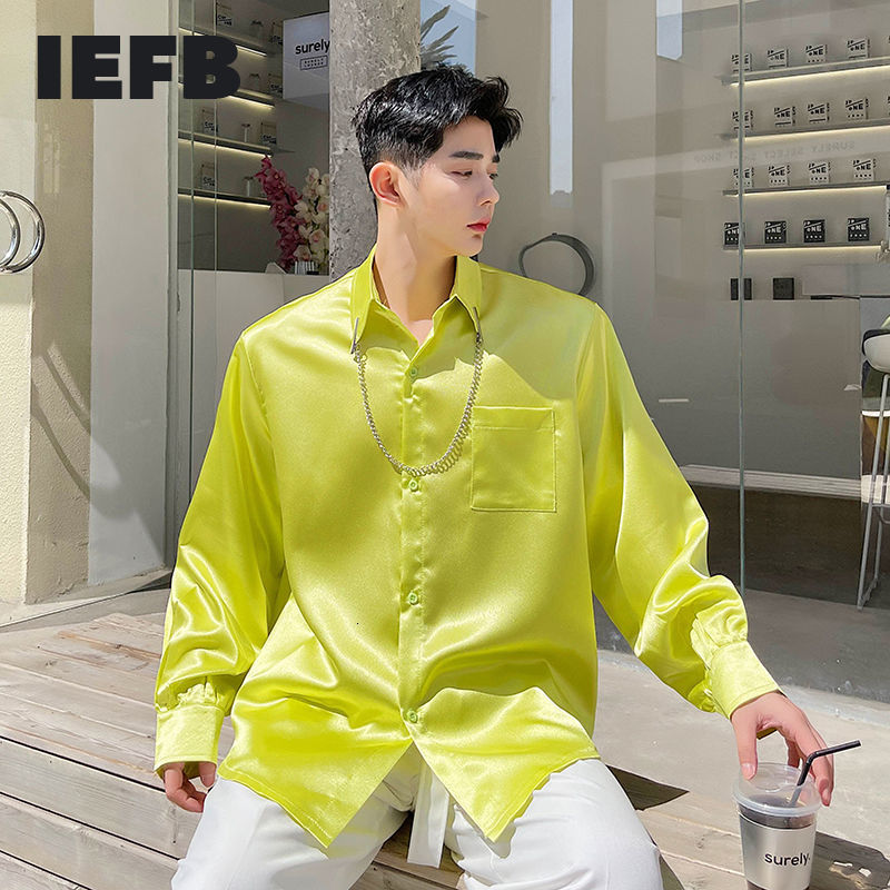 

IEFB Fluorescent color shirts for men Korean streetwear fashion long sleeve tops trendy big size causal lapel clothing 210524, Fluorescent green