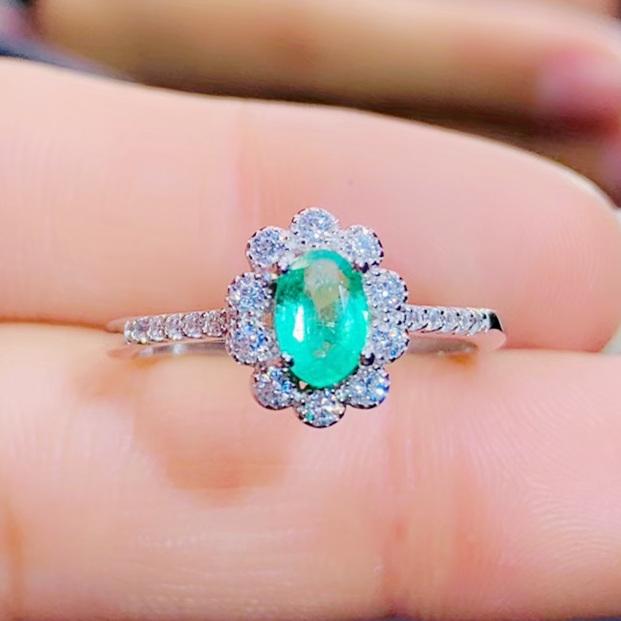 

Cluster Rings Natural Real Emerald Flower Ring Per Jewelry 4*6mm 0.52ct Gemstone 925 Sterling Silver Fine J210628, Golden;silver