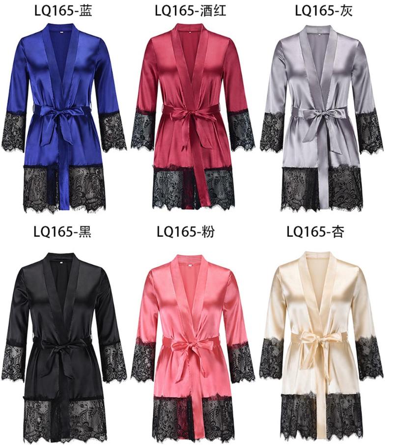 

Women Faux Silk Pajamas Sleepwear Dresses Embroidery Lace Bath Gown Wedding Night Dress With Belt Vestidos De Fiesta Robe Femme, Black