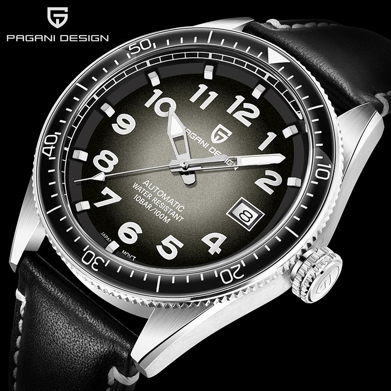 

Top Brand PAGANI Design Men's Watch Business True Leather Strap Mechanical Wristwatch Military Stainless Steel Automatic Watches Wristwatche, Silver blue