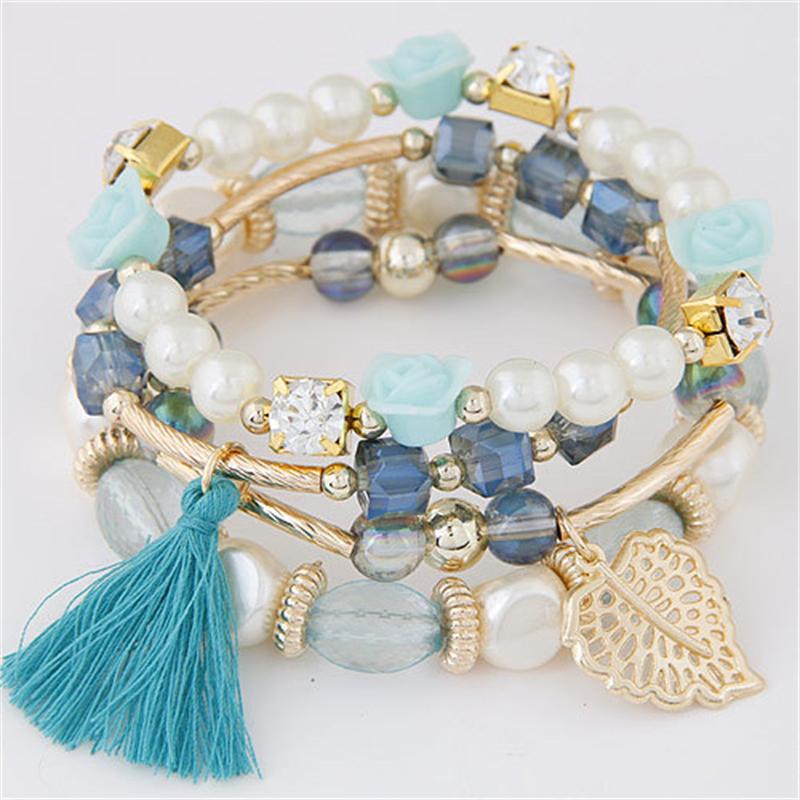 

Beaded, Strands Europe Metal Crystal Beads Pearls Flowers Leaves All-match Temperament Tassel Multi-layer Braided Bracelet Female Bangles
