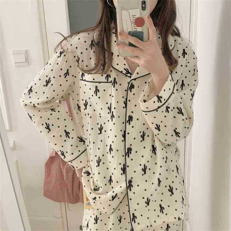 

Women Soft Vintage Fashion Spring Gentle Casual High Quality Korean Priting Loose Nightwear Pajamas Sets 210525, Pink
