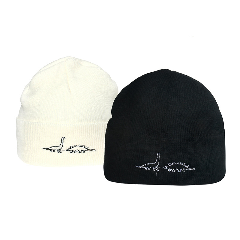 

Cross-Border New Arrival Black and White Cartoon Dinosaur Embroidery Knitted Hat Men and Women Hip Hop Wool Couple Warm Hat Student Winter N