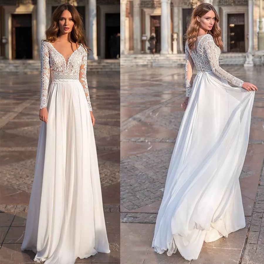 Long Sleeve V-Neck Wedding Dress A-Line Button Chiffon Lace Appliques Elegant Bridal Gown Civil Floor Length Vestidos De Noiva-image-688523382