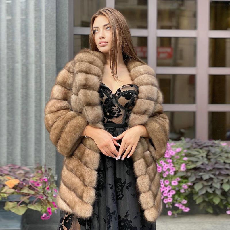 

Women's Fur & Faux High Quality Genuine Overcoats Luxury 80cm Long Natural Coat Turn-down Collar Winter Fashion Light Sable Color, Black