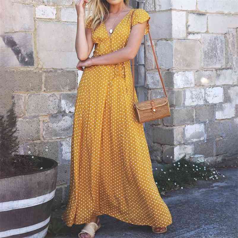 

Polka Dot V-neck Bohemian Long Women' Dress Lace up High Waist Short Sleeve Female Dresses Summer Fashion Vestido 210524, Orange red