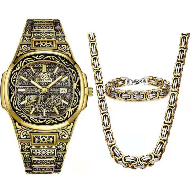 

Wristwatches Necklace+Watch+Bracelet Hip Hop Luxury Stainless Steel 8mm Imperial Link Chain Vintage Gold Watch For Men Jewelry Set Gift, Gold 3pcs