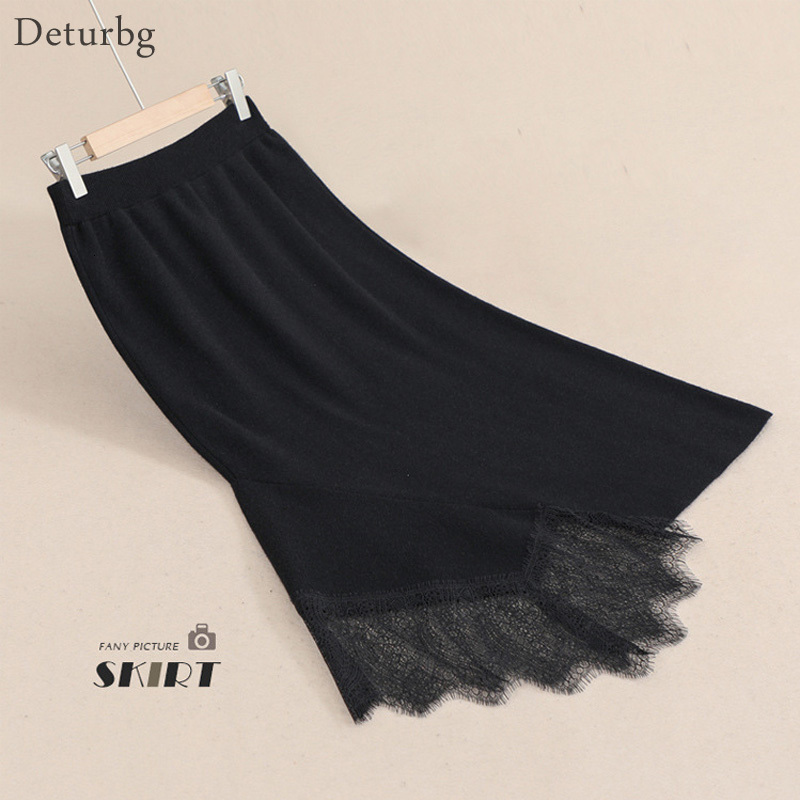

Casual Dresses Women's Elegant Knitted Mermaid Skirt High Waist Thick Warm Lace Patchwork Asymmetrically Black Midi Skirts Winter