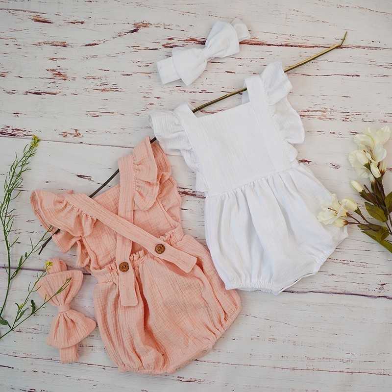 

Cotton Baby Girls Clothes Summer Puff Sleeve Double Gauze Breathable Soft Toddler Costumes Bubble Rompers For born Kids 210722, White