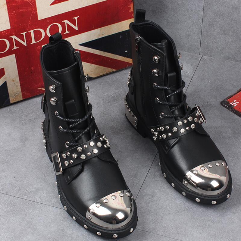 

2021autumn/winter men's leather boots, rivets, high , middle tube iron toe Zapatos Hombre b34, Black