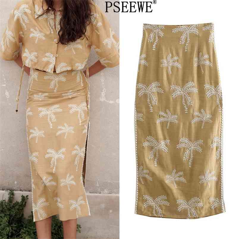 

Contrast Embroidery High Waist Long Skirt Women Chic Indie Folk Female s Summer Beach With Side Slit 210519, Khaki