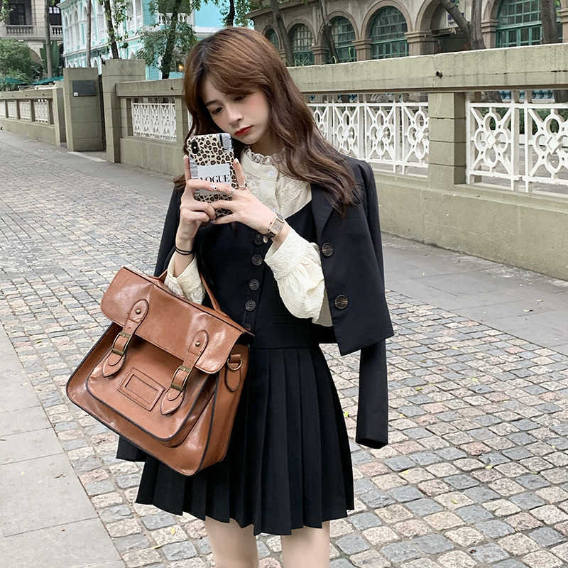 Pleated Suspender Skirt + Coat Women&#039;s Dign Sense Small British Style Temperament Suit-image-702224153