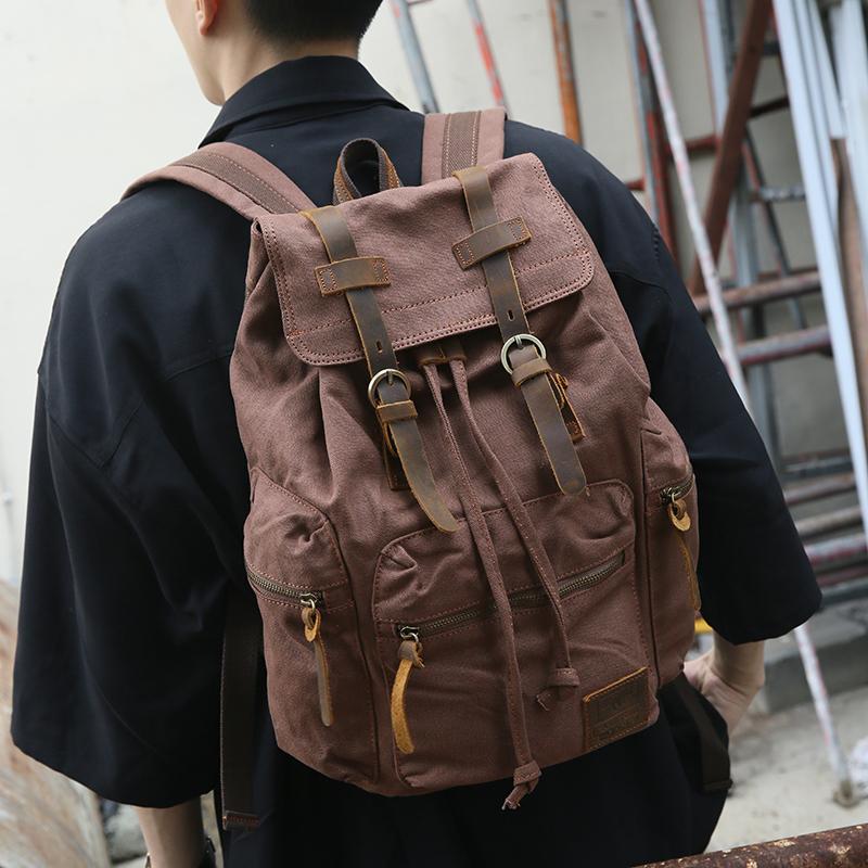 

Backpack Canvas Men's Multi-function Vintage Shoulder Bags Large Capacity Crazy Horse Leather Decorated Fashion Travel Rucksack, Gray