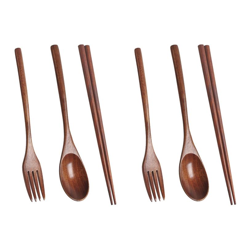 

Dinnerware Sets 2X Wooden Cutlery Set Portable Eco Friendly Reusable Flatware Spoon Fork Chopsticks For Camping Office Lunch
