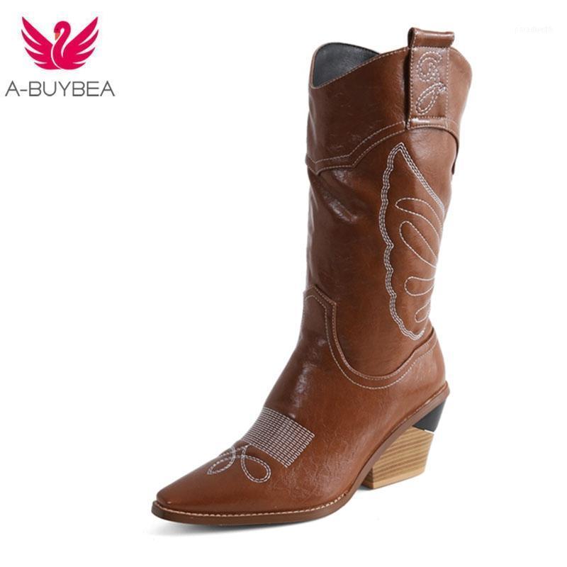

Boots High Heels Western Women Knee Pointed Toe Cow Leather Shoes Female Embroider Cowboy Ladies 2021 Winter1, Black