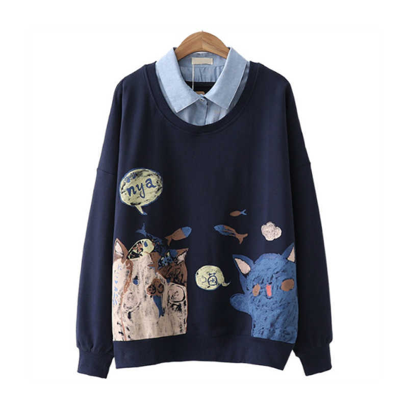 

MERRY PRETTY Women Cartoon Print Turndown Collar Hoodies Winter Long Sleeve Patchwork Fake 2 pieces Sweatshirts Preppy Pullovers 210526, Beige