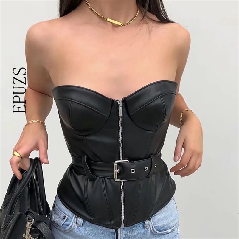 

Sexy off shoulder PU blouse women top streetwear zipper sleeveless belt shirts summer ladies korean clothing 210521, Black