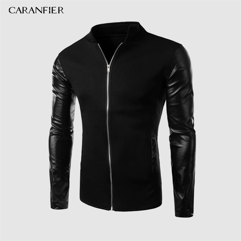 

CARANFIER Mens Splicing Leather Jackets Winter Vintage Coats Solid Stand Collar Motorcycle Slim Fit Zipper Pockets Outerwear 211111, Black