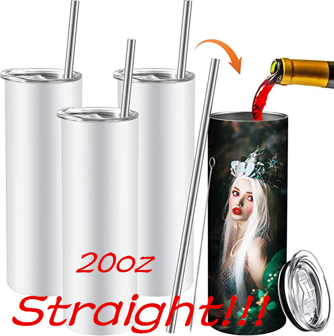

20oz Sublimation straight Tumblers Blank white Slim Stainless steel Cups 20 oz vacuum insulated double walled mugs and Straw
