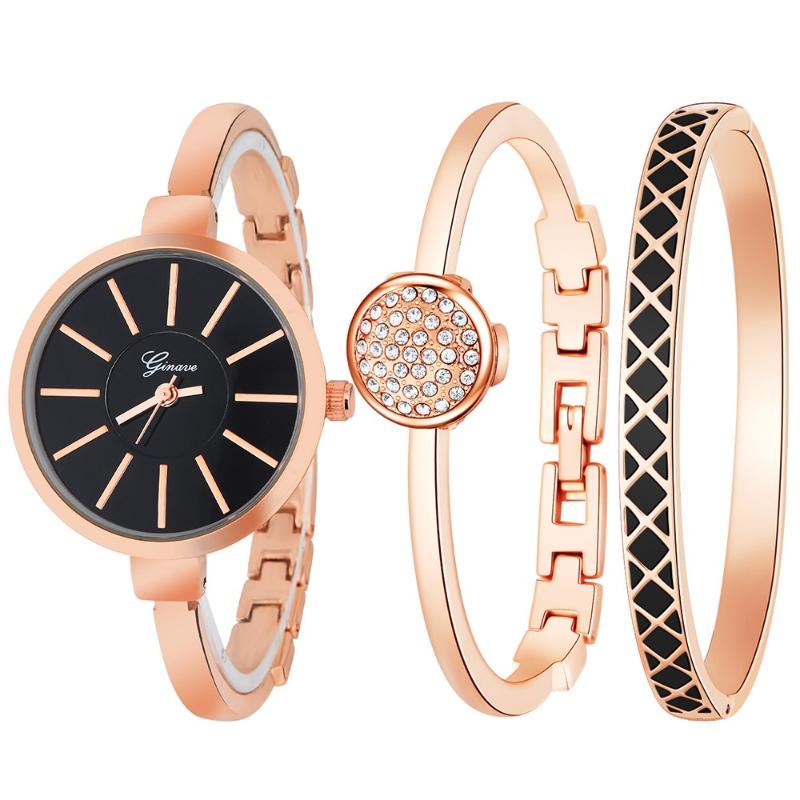 

Wristwatches 3PCS Luxury Womens Watch Stainless Steel Bracelet For Pendant Quartz Round Small Alarm Clock Gold Wristwatch Ladies *A, Black