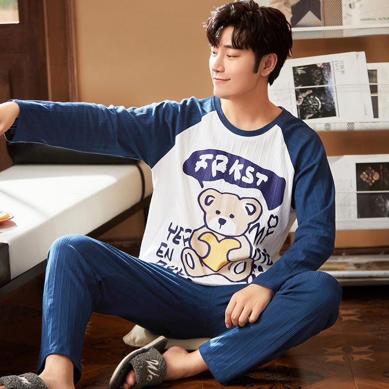 

Men's Sleepwear Winter Men Fashion Blue Patchwork Long Sleeve Pajamas Set Cartoon Bears Cotton Homewaer Elastic Waist Home Pants, Black;brown
