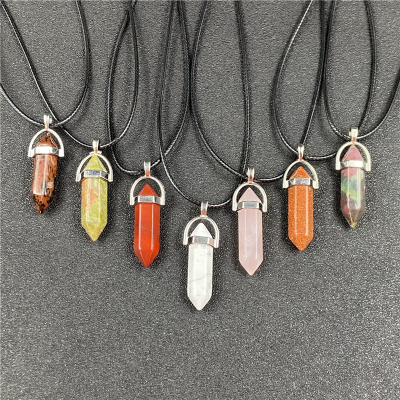 

Healing Crystal Natural Stone Pendant Pillar Shape charms Turquoise Tiger Eye Green Rose quartz rope Chain Necklaces wholesale Jewelry gift