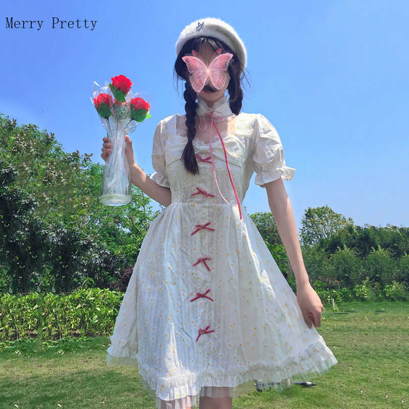 

Merry Pretty Lolita Style Summer Women Mini Dress Square Collar Floral Bow Cute Kawaii Short Sleeve Ruffles Party 210526, As the photo