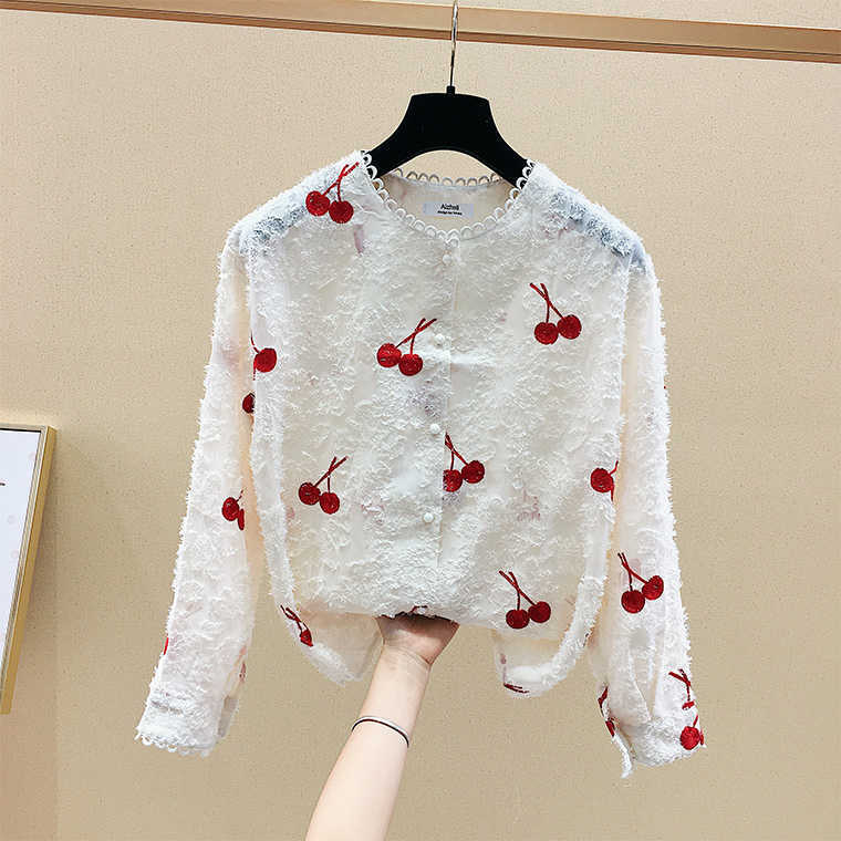 

Sweet Print Spring O Neck Single Breasted Slim All Match Full Fashion Shirts Women Blouses 210615, Red