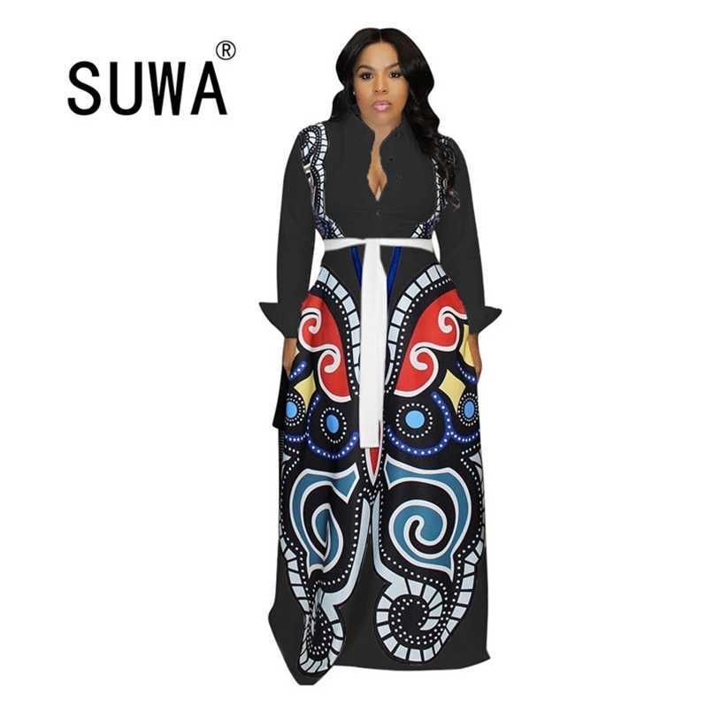 

Wholesale Plus Size S-XXXL Women Printed Long Sleeve Turn-Down Neck High Waist Maxi Dress Casual Vestidos 210525, White