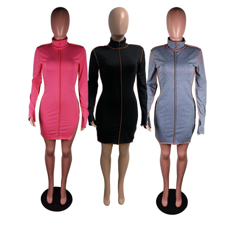 

Casual Dresses 2021 Autumn And Winter Split Dress Solid Bright Line Decoration Semi-high Collar Long Sleeve Pencil Women, Gray