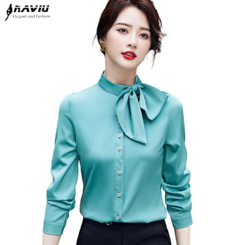 

Elegant Bow Shirt Women Design Autumn Fashion Long Sleeve Stand Collar Chiffon Blouses Office Ladies Formal Work Tops 210604, White