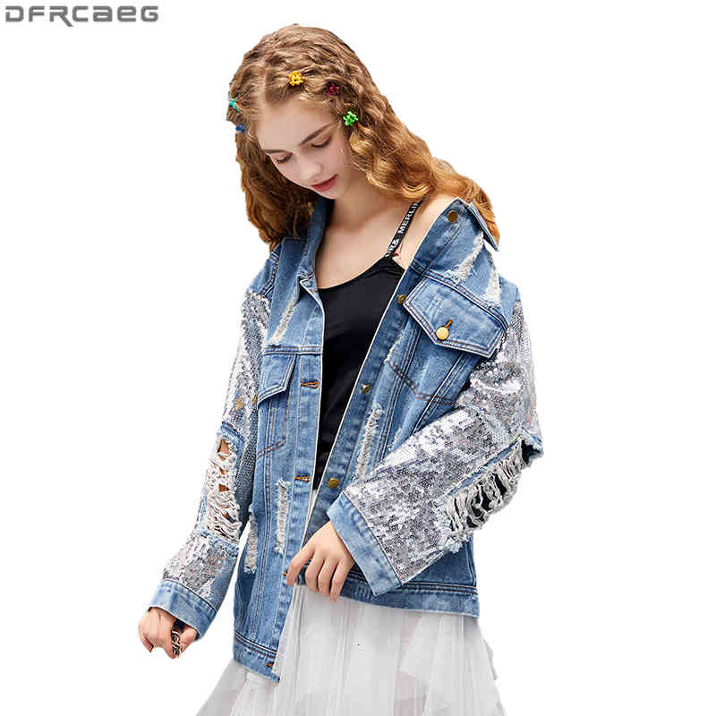 

Women's Jackets Fashion Patchwork Sequin Jeans Jacket Women Spring Streetwear Long Sleeve Ladies Coats Holes Ripped Loose Denim 5I, Blue