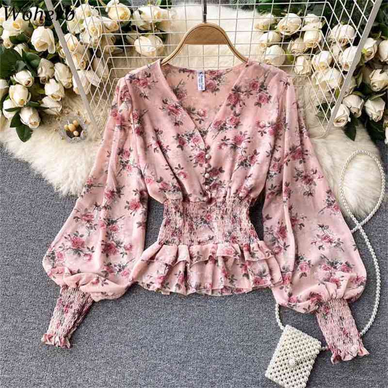 

Summer Chiffon Tops Fashion Floral Print Blouse Women Lantern Sleeve Shirt Ruffle Waist Slim Blusa Camisas Mujer 210519, Pink