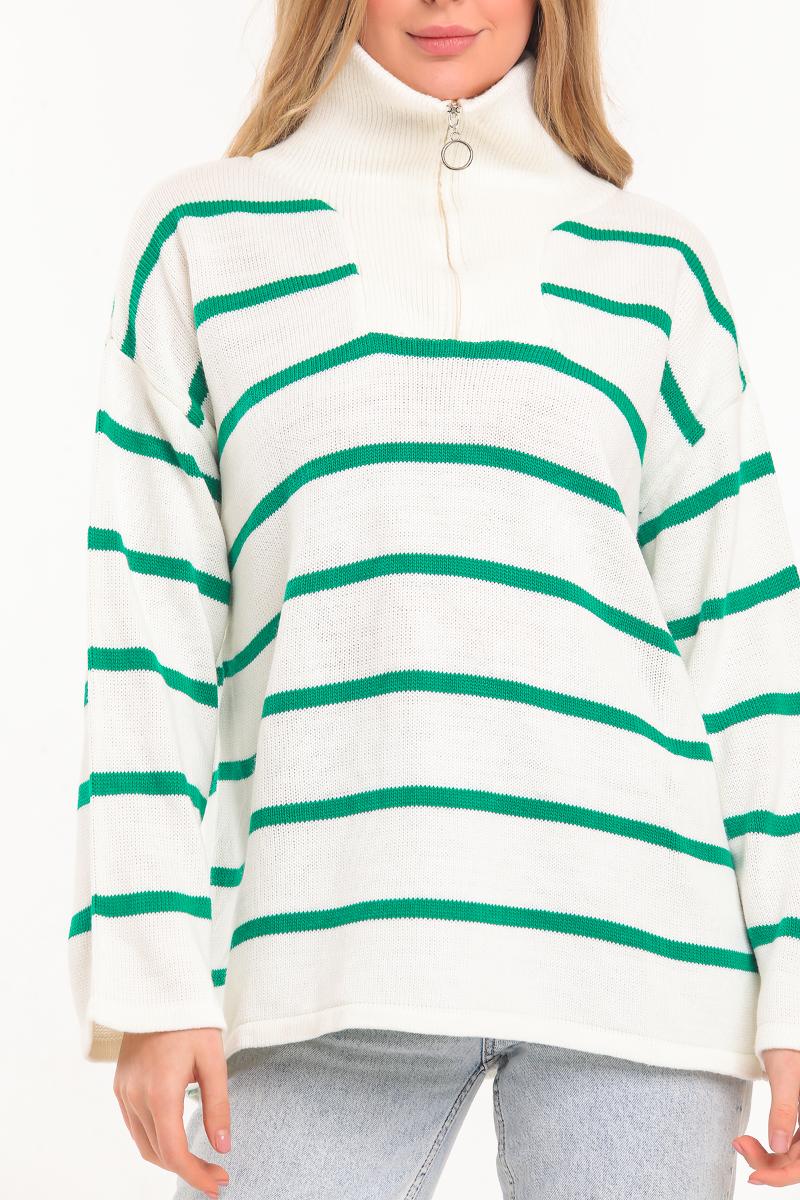 

Women's Sweaters Zipper Collar Green Striped White Sweatshirt Casual 2021 Winter Season Oversize Building