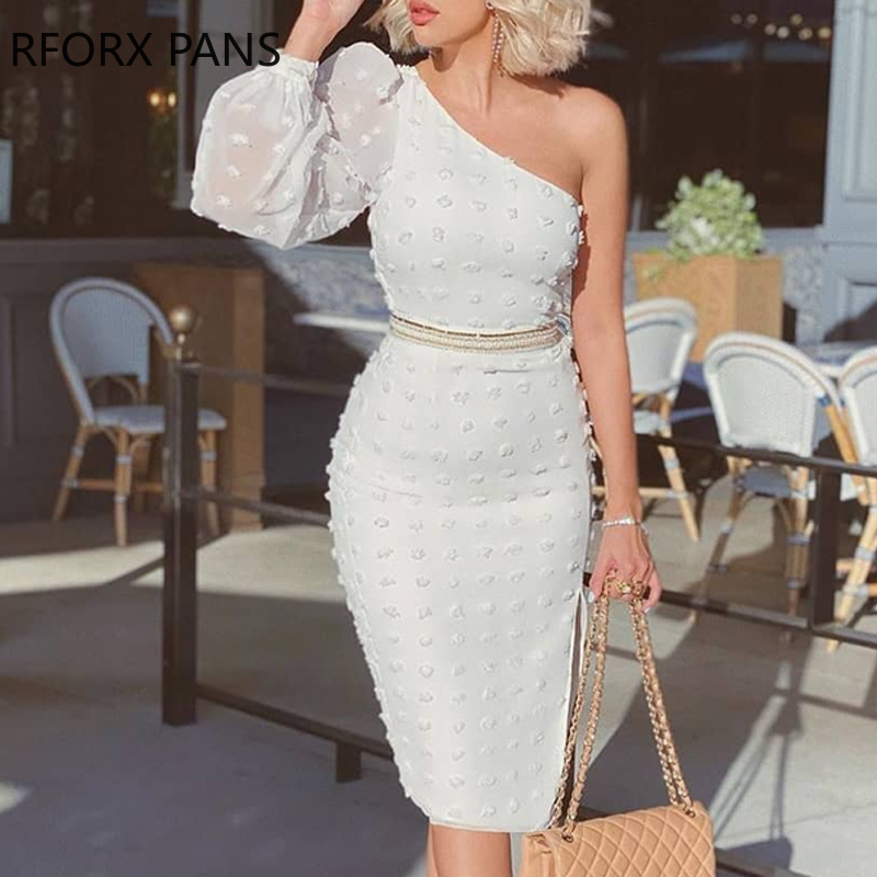 

One Shoulder Puffed Sleeve Swiss Dot Dress Bodycon Dress Sexy Dress Women, White