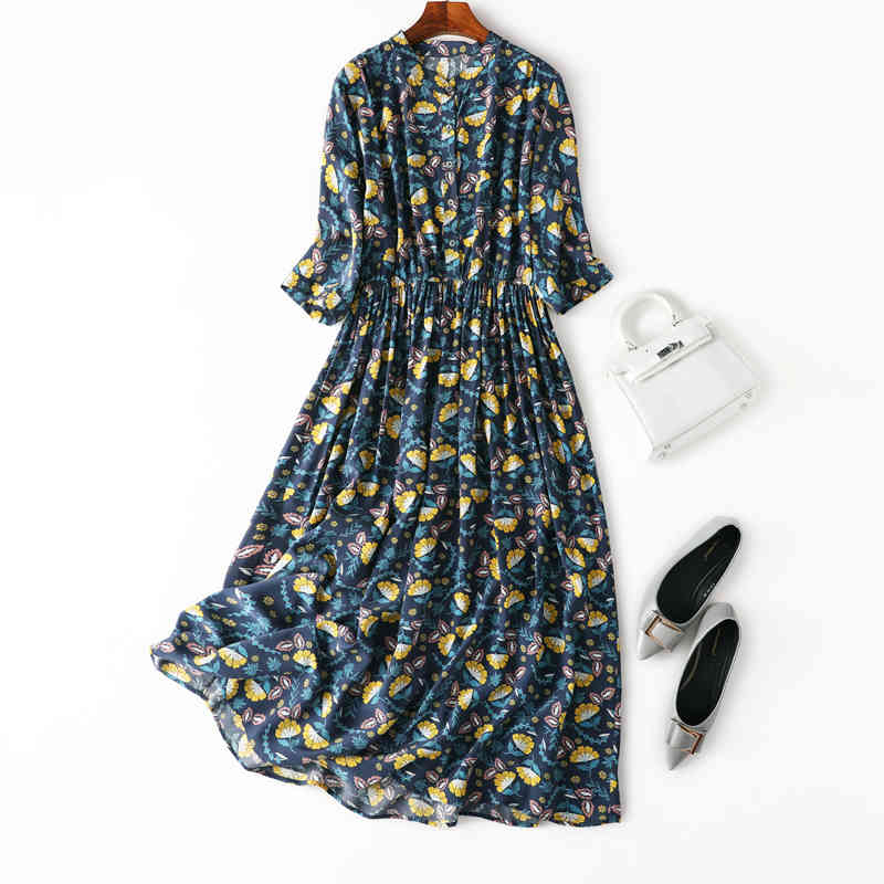 

dress Women's 100% Mulberry Crepe Silk Half Sleeve Navy Printed Long Maxi Dress Buttons Neck  XL MM061, Color 1