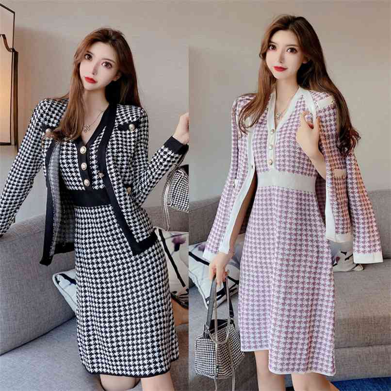 

Temperament Women's Dress Vest + Houndstooth Small Jacket Two-piece Sweater Set 210520, Black