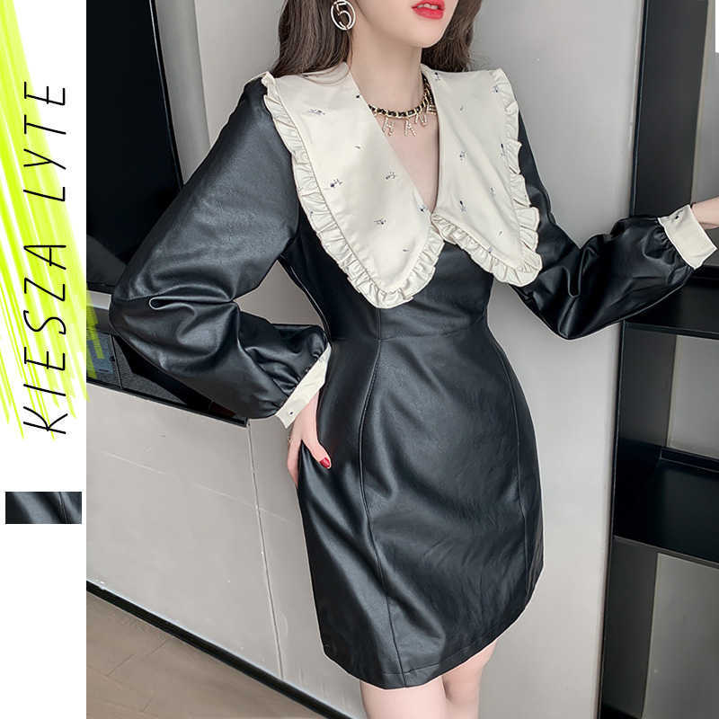 

Women Pu Leather Mini Dress Peter Pan collar Long Sleeve Bodycon Sexy Streetwear Party Club Dresses 210608, Black