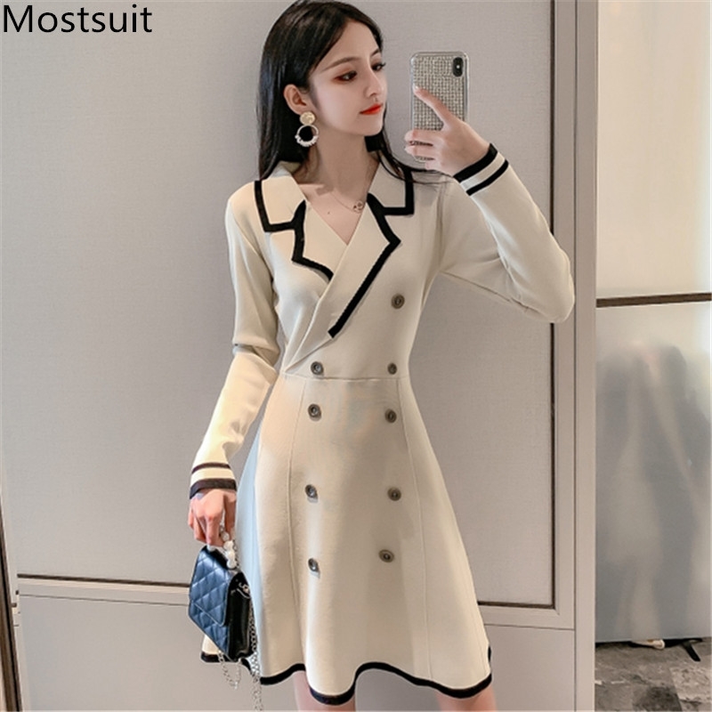 

Spring Knitted Vintage Elegant Women Dress Full Sleeve Notched Collar Double Breasted Ladies A-line Pleated Dresses Vestido 210518, Black