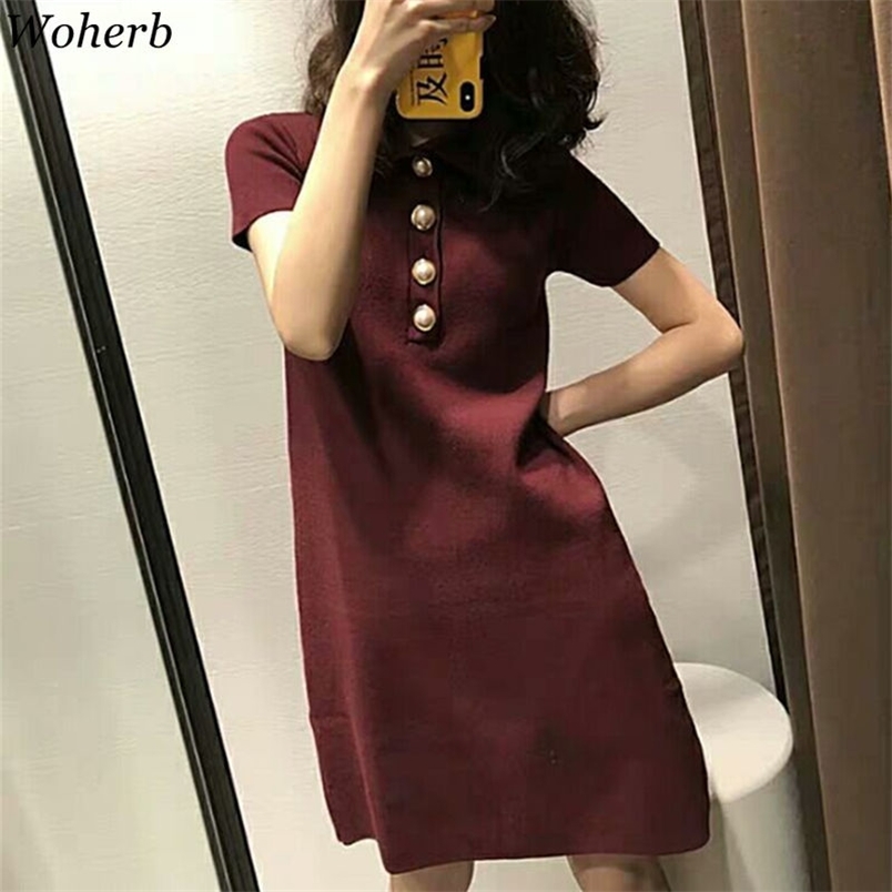 

Knitted Single-breasted Shirt Vestidos Short Sleeve Summer Stretch Sexy Woman Dresses Office Lady Vintage Femme Robe 210519, Burgundy