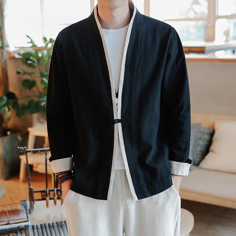 

Men's Casual Shirts Chinese Style Menswear 2021 Daopao Hanfu Dish Button Cardigan Color Matching Coat Men, Black