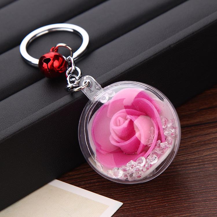 

Keychains Adorable Foam Rose Flower Keychain Ball Keyring Bell Key Chain PE Porte Clef Bag Car Holder Portachiavi