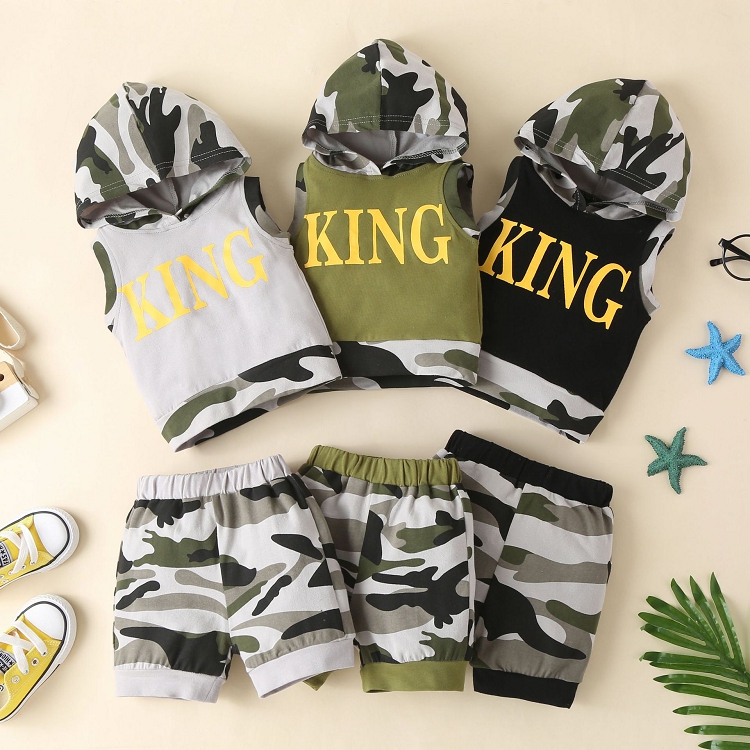 

Kids Boys Clothing Sets Children'S Camouflage Sleeveless Printed Hooded Pullover Shorts Two-Piece Set M3499, White