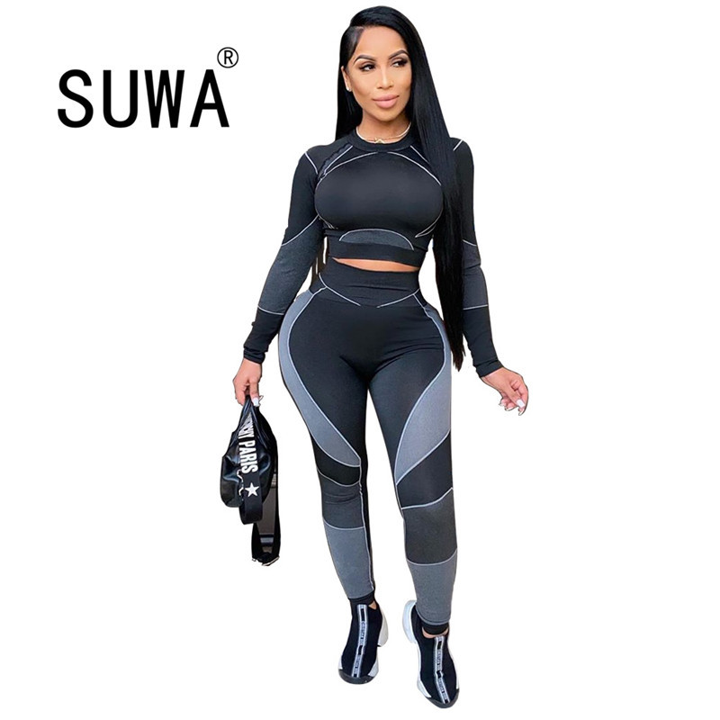 

Wholesale Product Elasticity Joggers 2 Pieces Outfits For Women Lounge Wear Set Slim-Fit Top Sport Pants Sweatpants 210525, Gray
