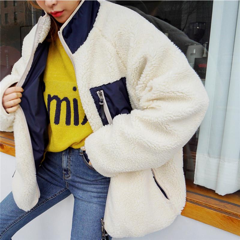 

Women's Jackets Jacket 2021 Autumn Winter Stand Collar Zipper Coat Color Matching Lamb Wool Coats Long Sleeve Casual Overcoat, Beige