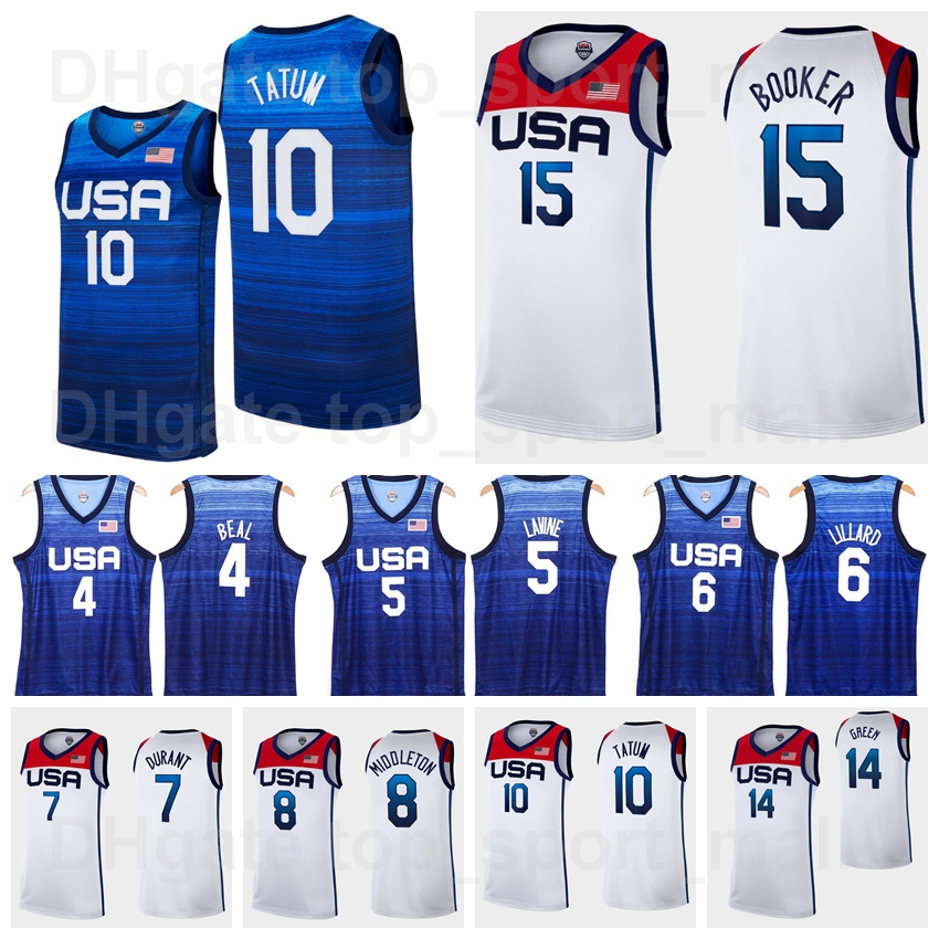 

2021 Tokyo Summer US Basketball Jersey 15 Devin Booker 6 Damian Lillard 10 Jayson Tatum 7 Kevin Durant 5 Zach LaVine 4 Bradley Beal Team Color Blue White Men, 4 white